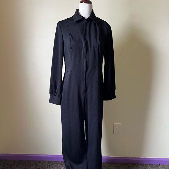 70s Vintage Black Wide Leg Jumpsuit Disco Long Sleeve‎ Zip Front Union Made USA - Picture 1 of 10